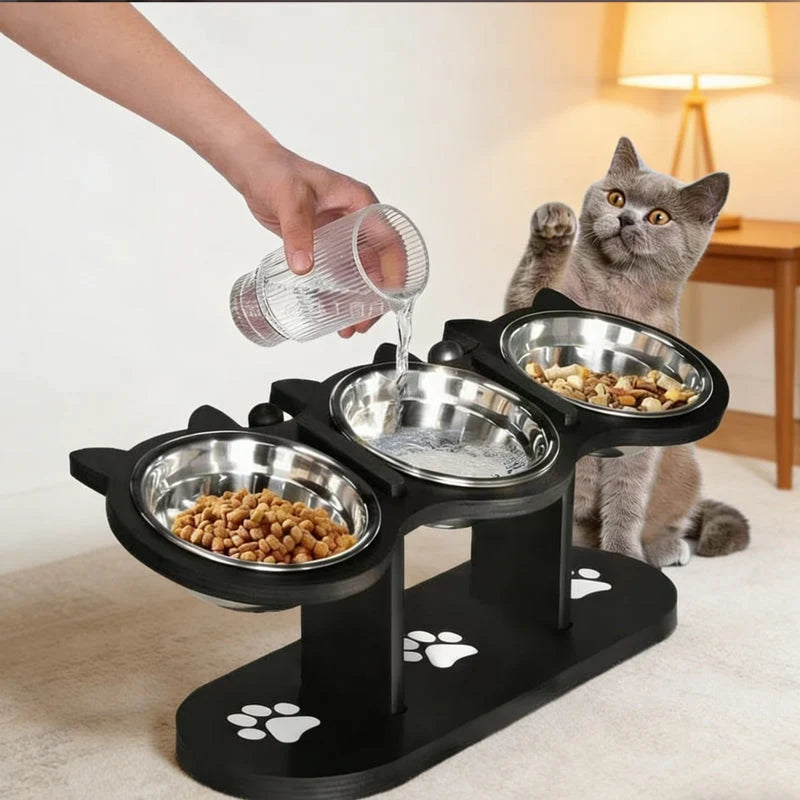 Pet Feeder Height-Adjustable Wooden Stand With 3 Stainless Steel Bowls