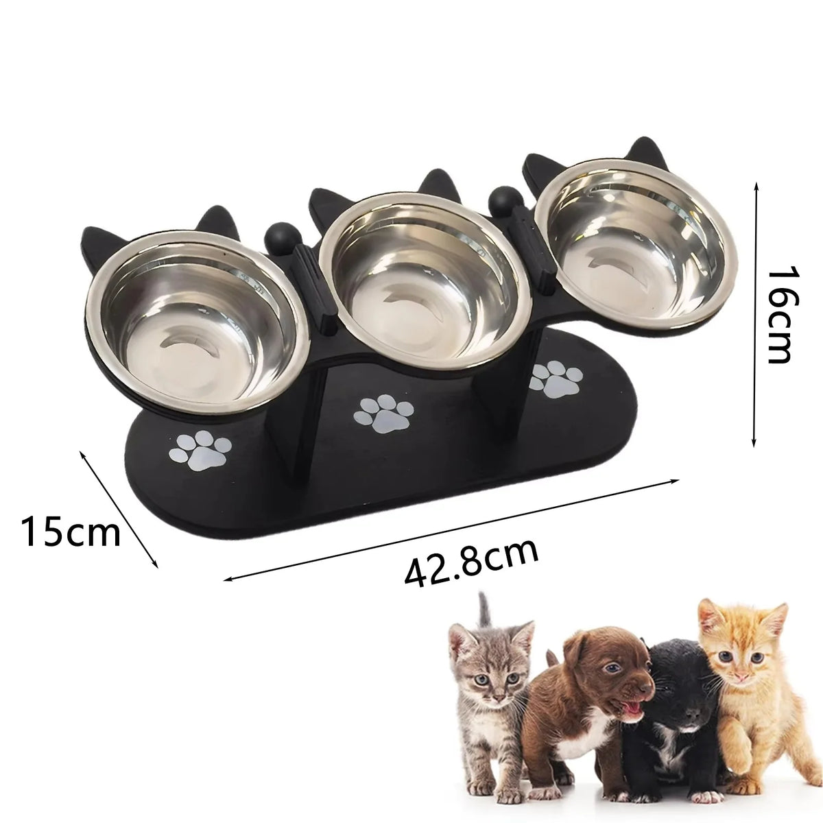 Pet Feeder Height-Adjustable Wooden Stand With 3 Stainless Steel Bowls