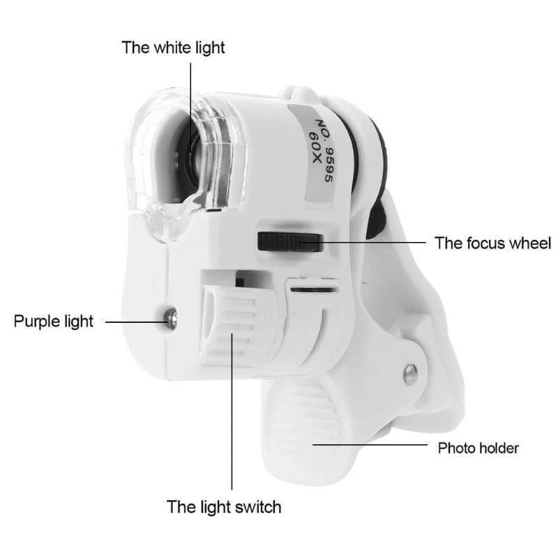 Phone Microscope 60X Magnification Clip-On With Built-In Lights