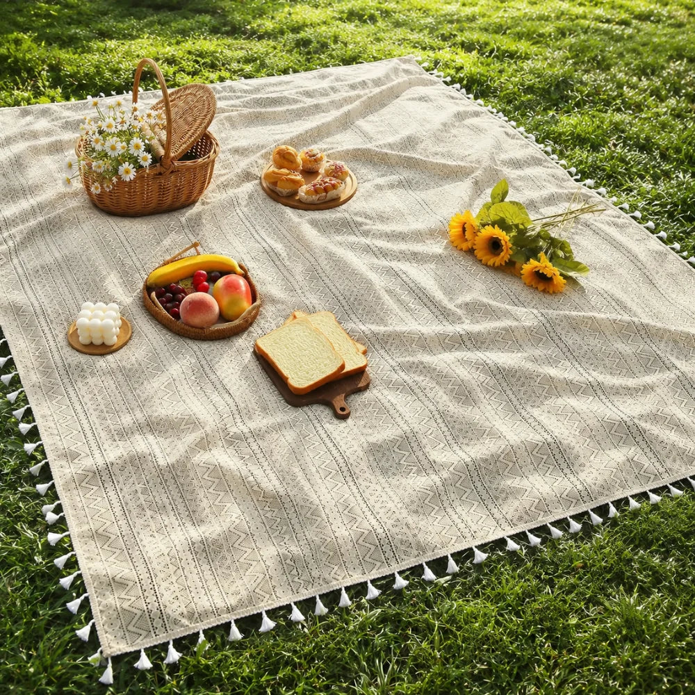 Picnic Blanket Machine-Washable Polyester Boho Pattern With Fringes