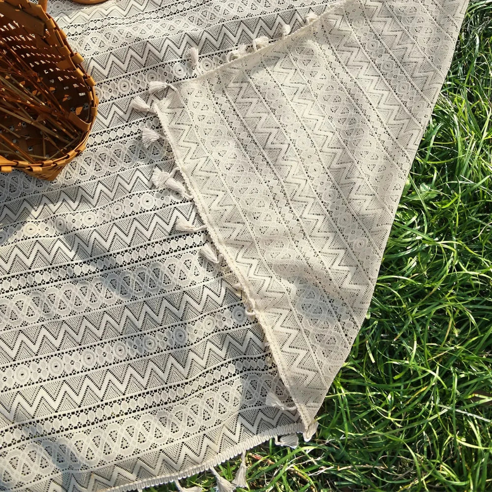 Picnic Blanket Machine-Washable Polyester Boho Pattern With Fringes