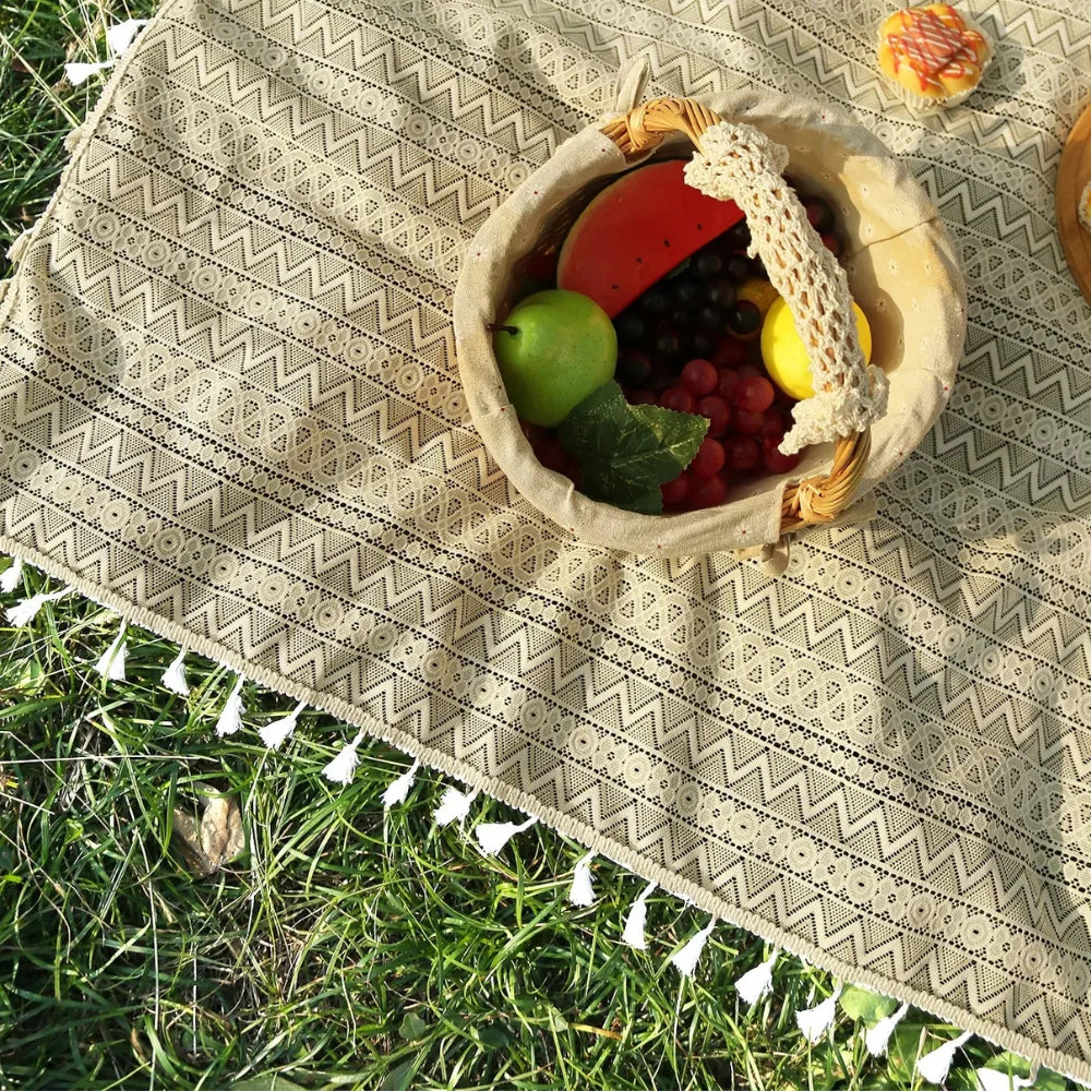 Picnic Blanket Machine-Washable Polyester Boho Pattern With Fringes