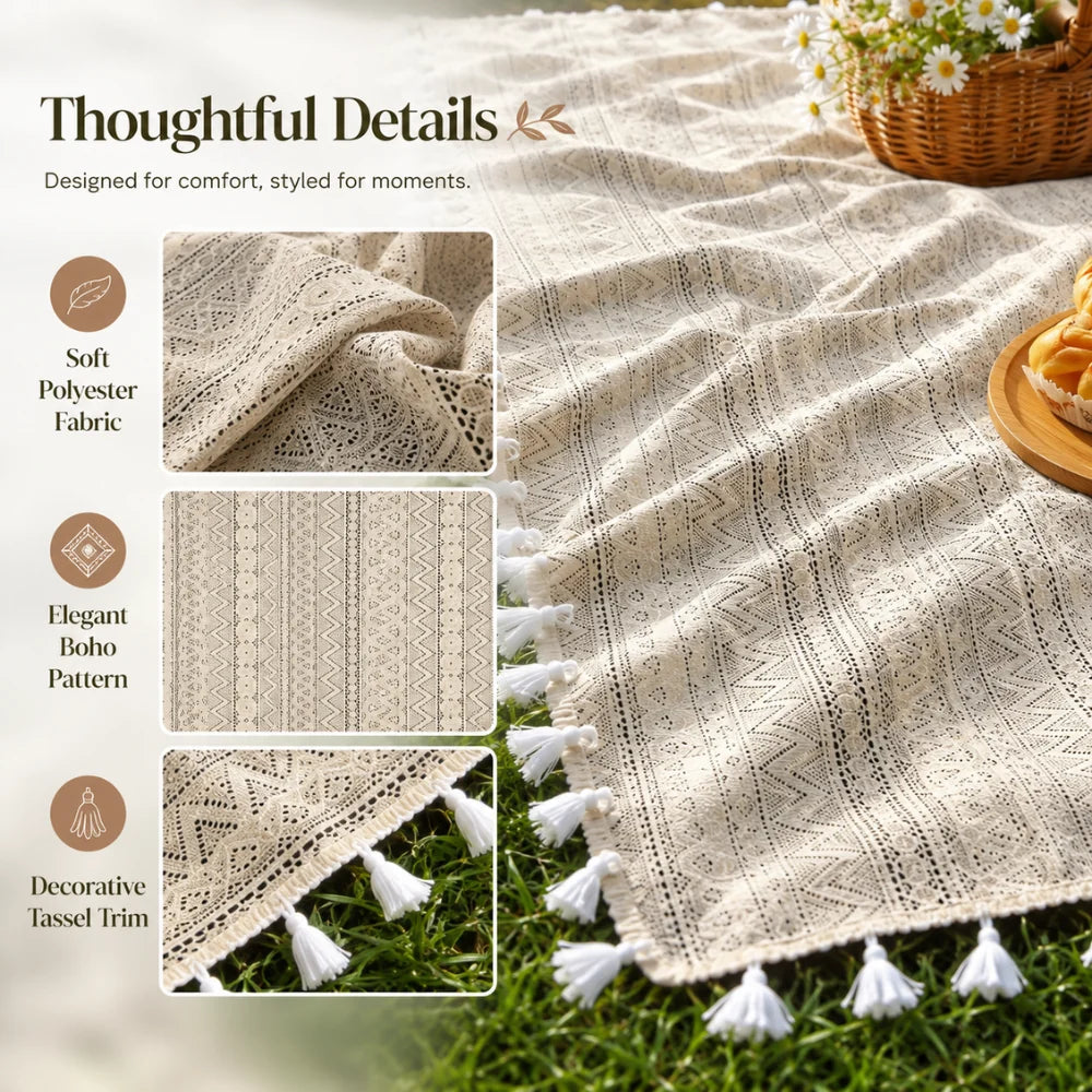 Picnic Blanket Machine-Washable Polyester Boho Pattern With Fringes