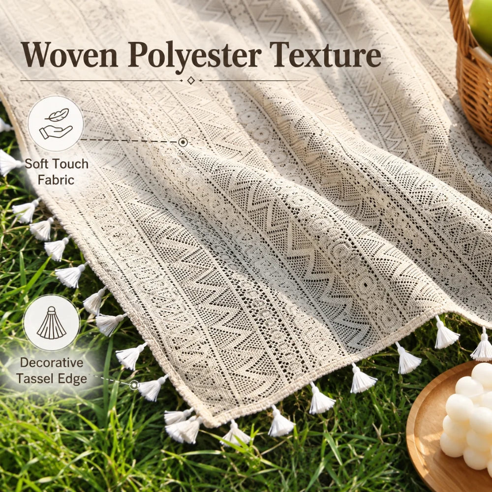 Picnic Blanket Machine-Washable Polyester Boho Pattern With Fringes