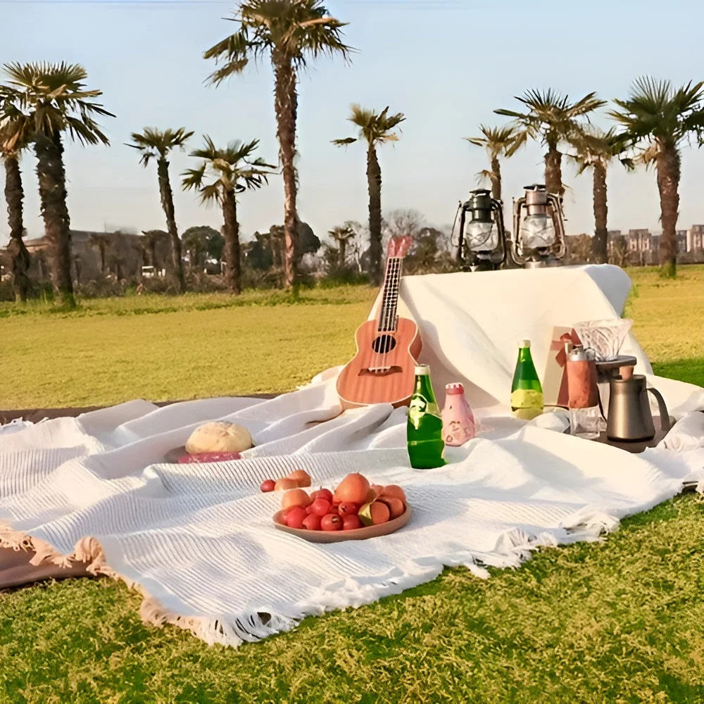 Picnic Blanket Waterproof Fringed Boho 71 x 71 In