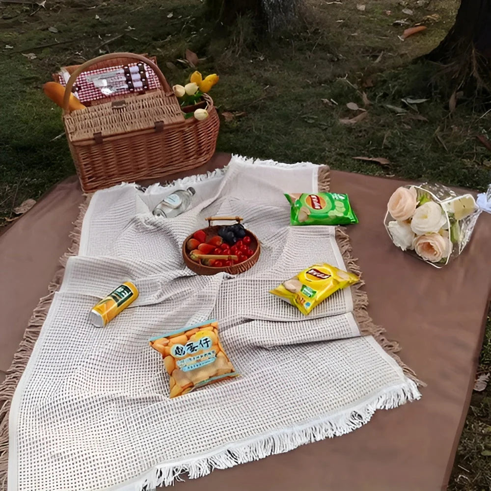 Picnic Blanket Waterproof Fringed Boho 71 x 71 In