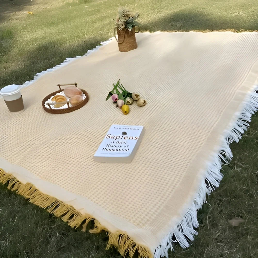 Picnic Blanket Waterproof Fringed Boho 71 x 71 In