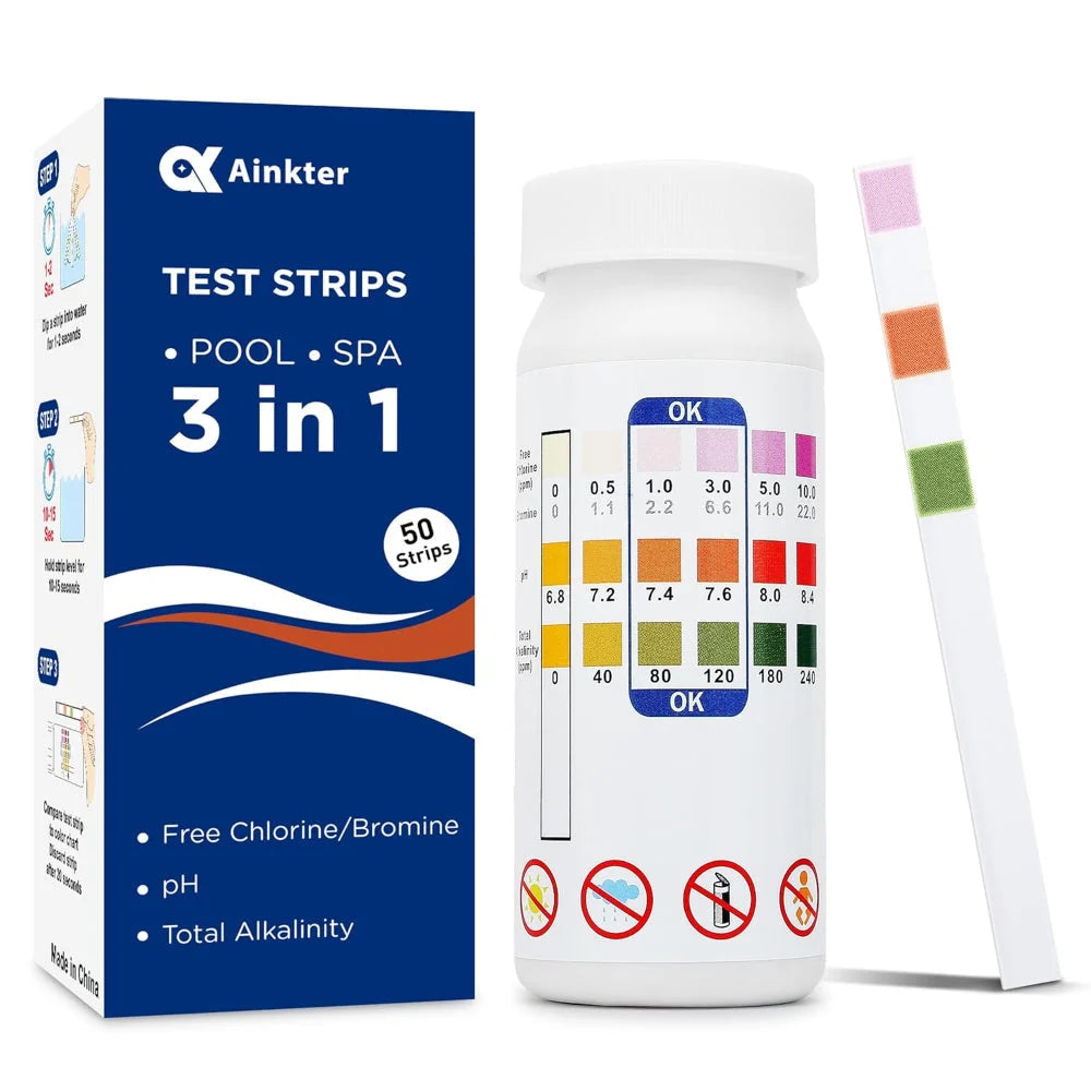 Pool Test Strips 3-In-1 Chlorine pH Alkalinity 50 Pack