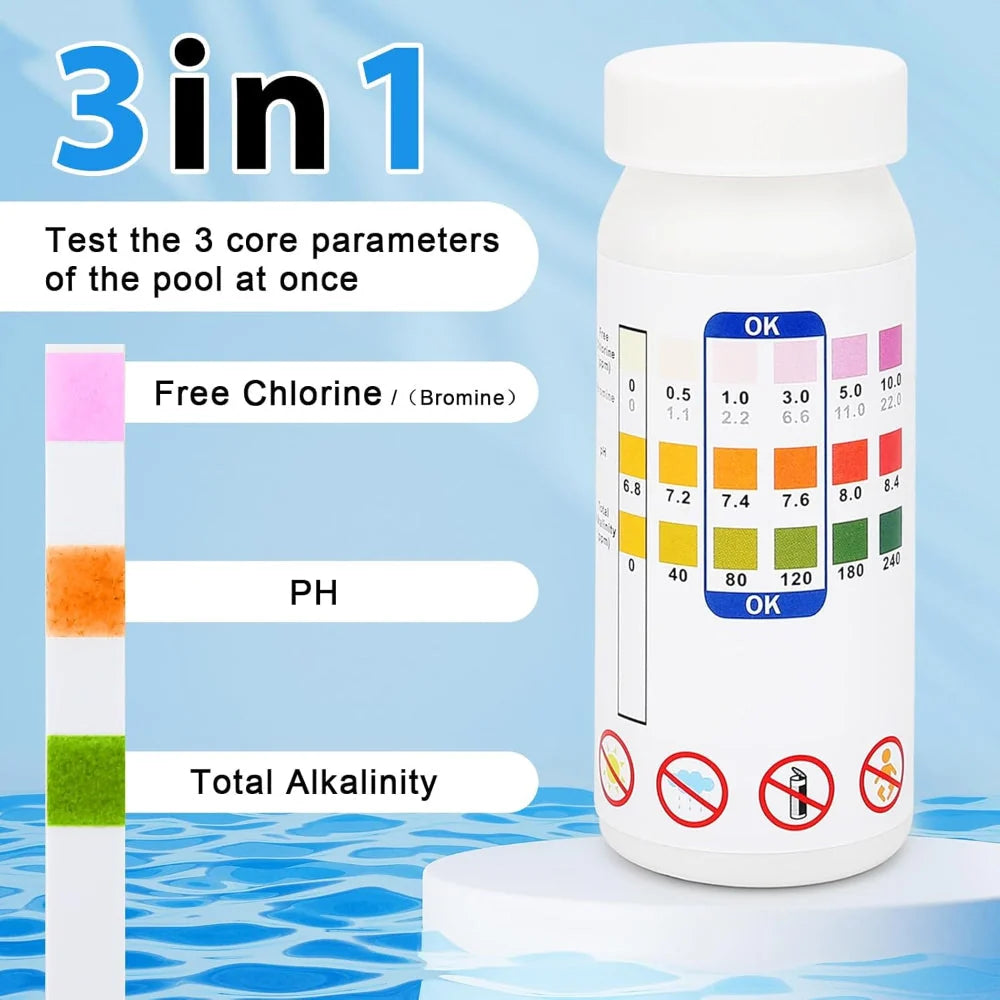 Pool Test Strips 3-In-1 Chlorine pH Alkalinity 50 Pack