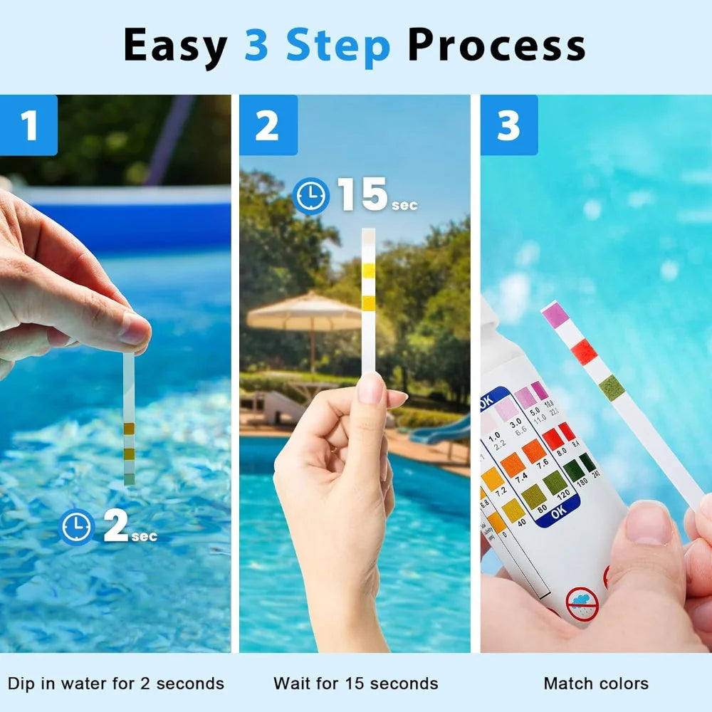 Pool Test Strips 3-In-1 Chlorine pH Alkalinity 50 Pack