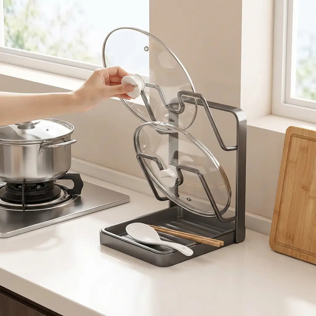 Pot Lid Holder U-Shaped Slots Removable Drip Tray