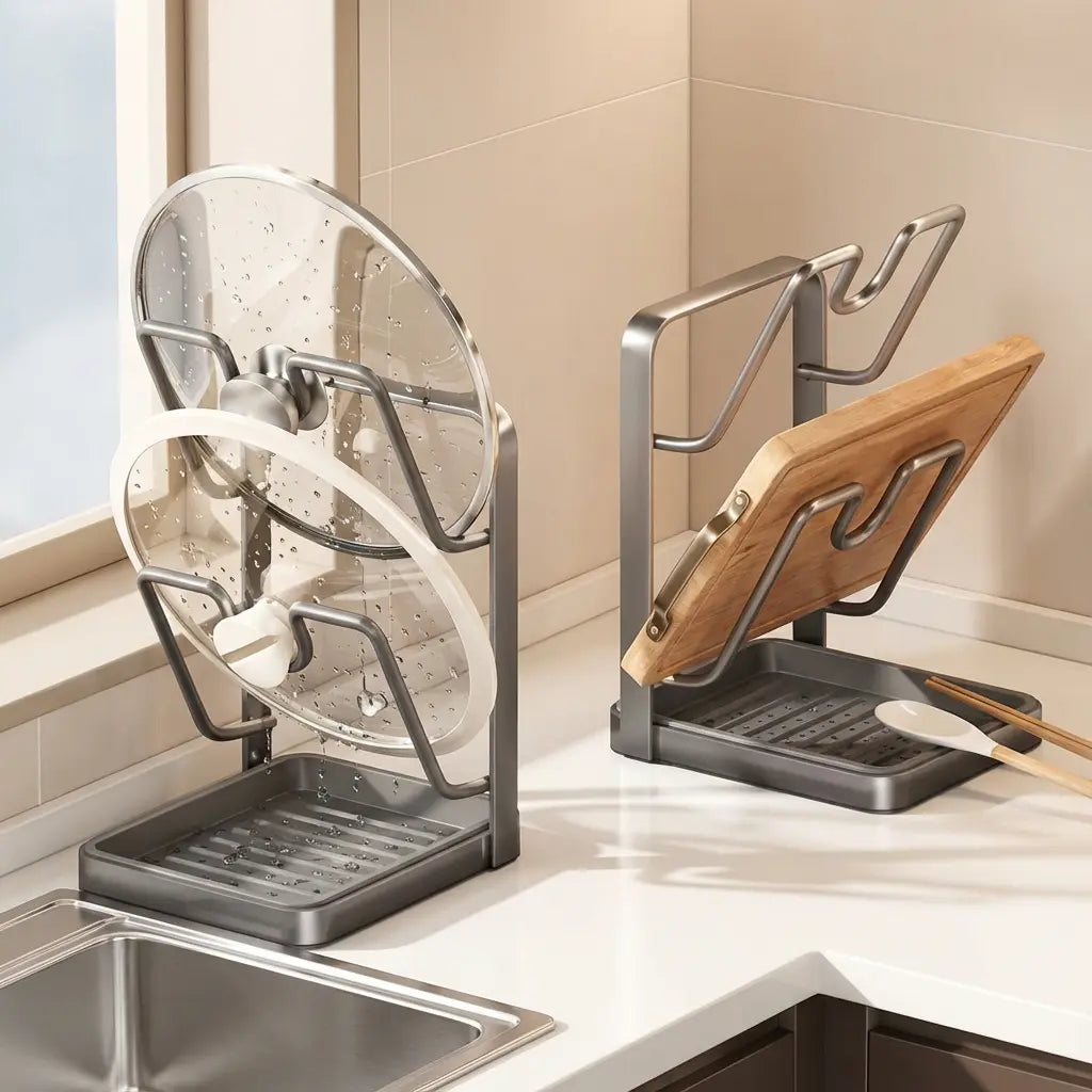 Pot Lid Holder U-Shaped Slots Removable Drip Tray