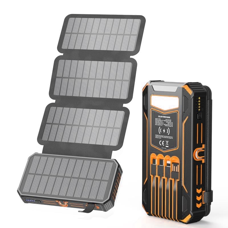 Power Bank Solar & Wireless Charging 20,000mAh Built-In Cables