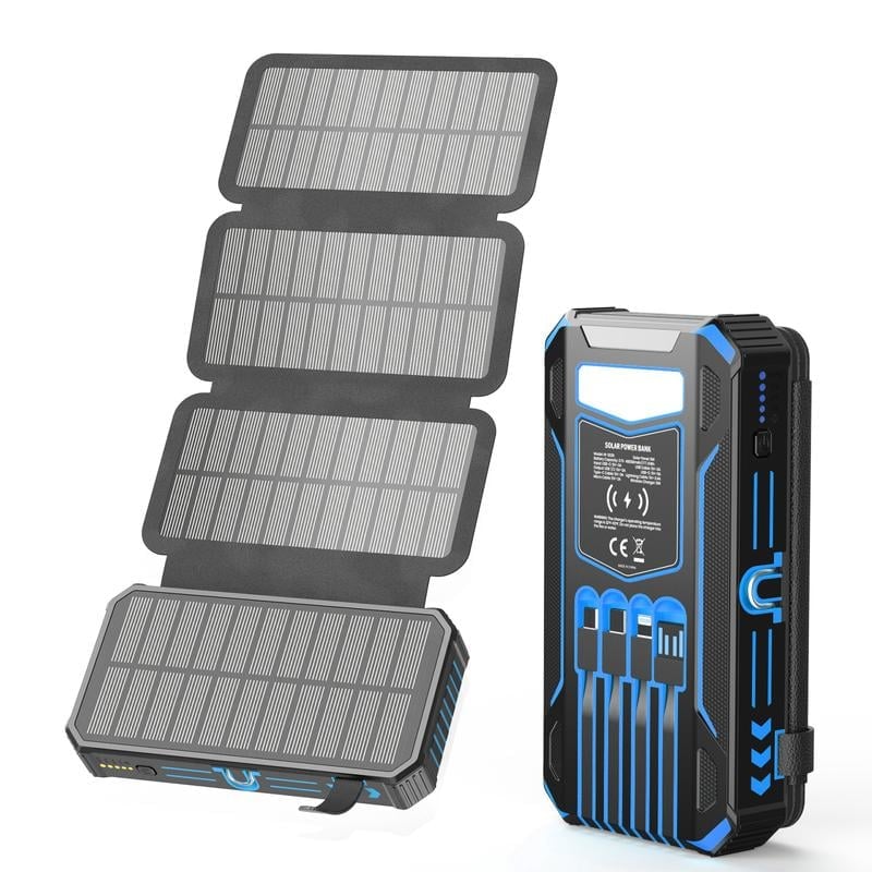 Power Bank Solar & Wireless Charging 20,000mAh Built-In Cables