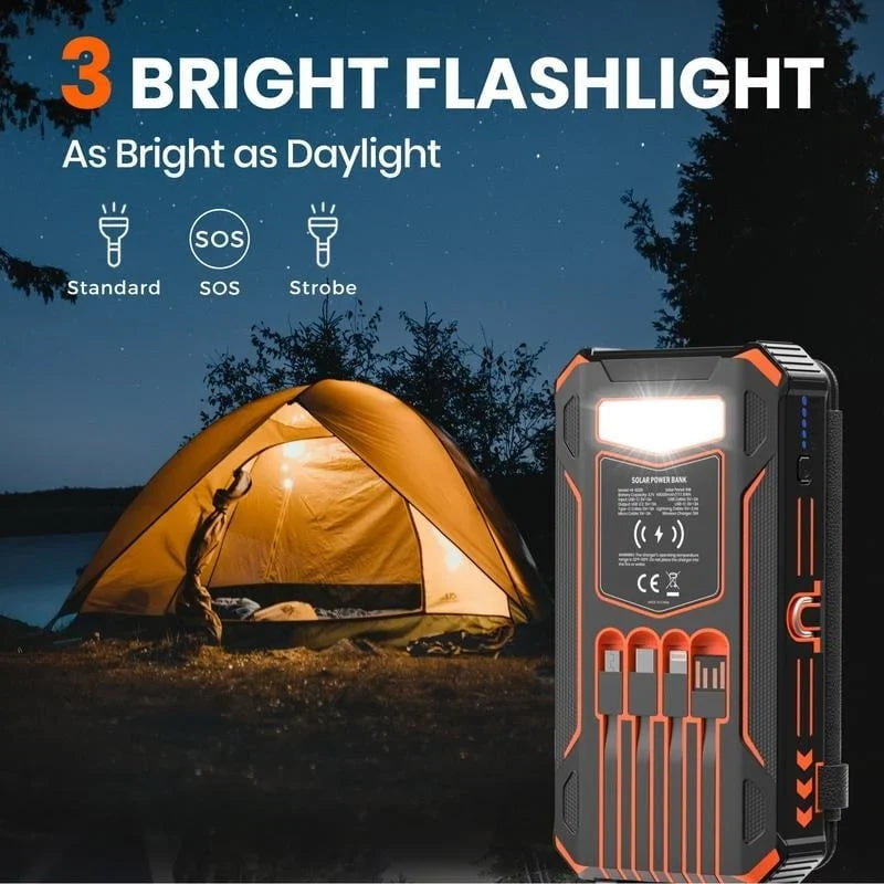 Power Bank Solar & Wireless Charging 20,000mAh Built-In Cables