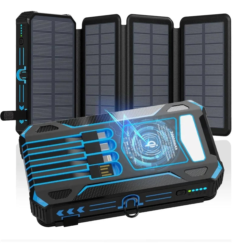 Power Bank Solar & Wireless Charging 20,000mAh Built-In Cables
