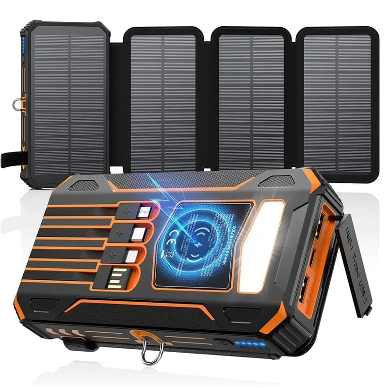 Power Bank Solar & Wireless Charging 20,000mAh Built-In Cables