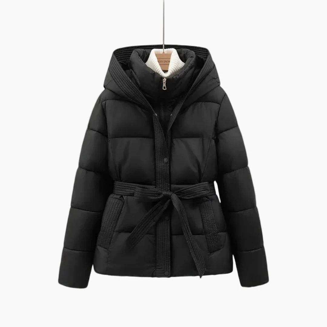 Puffer Jacket Hooded Quilted Tie Belt Waist