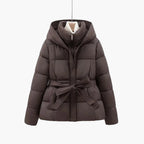 Puffer Jacket Hooded Quilted Tie Belt Waist