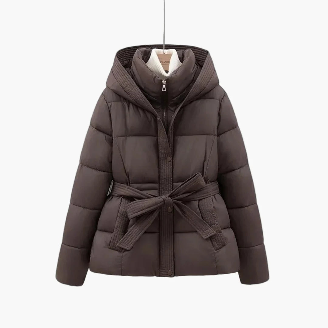 Puffer Jacket Hooded Quilted Tie Belt Waist