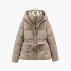 Puffer Jacket Hooded Quilted Tie Belt Waist