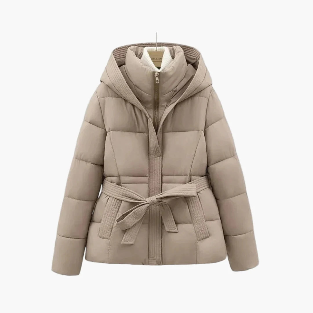 Puffer Jacket Hooded Quilted Tie Belt Waist