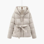 Puffer Jacket Hooded Quilted Tie Belt Waist