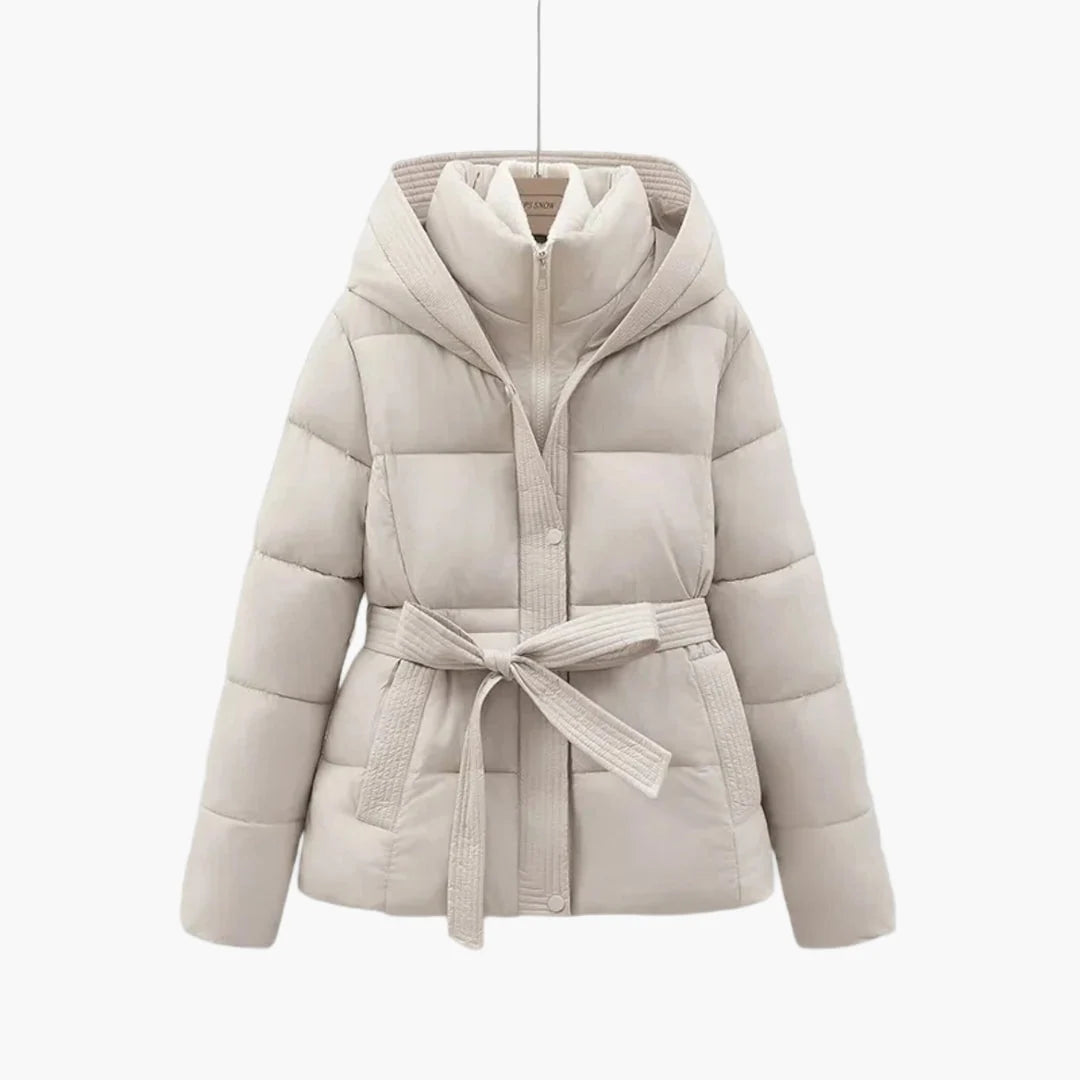 Puffer Jacket Hooded Quilted Tie Belt Waist