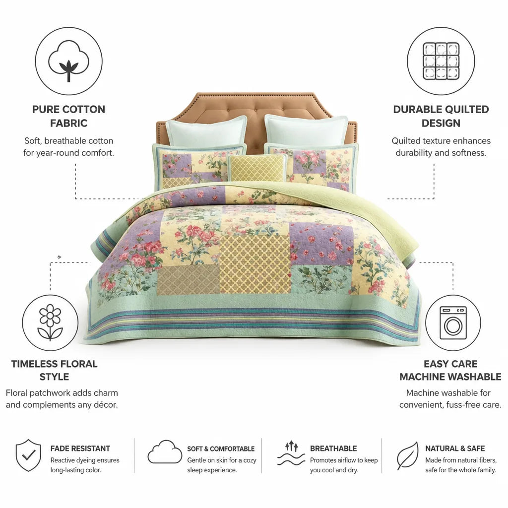 Quilt Set Quilted Floral Pure Cotton 3-Piece