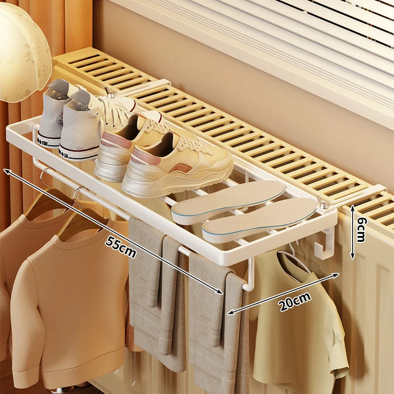 Radiator Drying Rack Foldable Space-Saving Shoe Shelf & Hooks