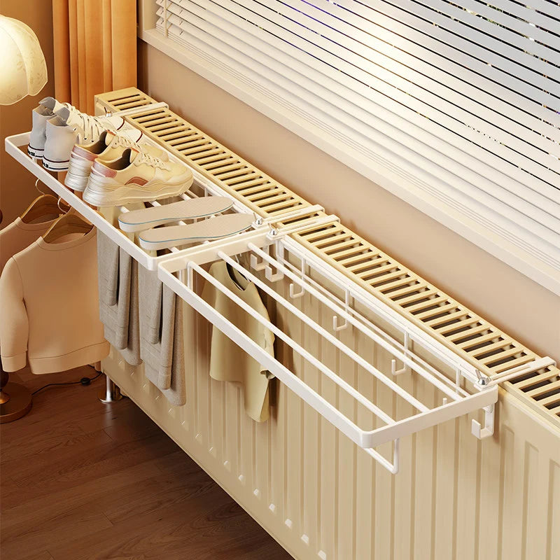Radiator Drying Rack Foldable Space-Saving Shoe Shelf & Hooks