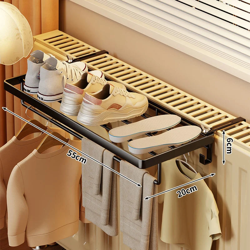 Radiator Drying Rack Foldable Space-Saving Shoe Shelf & Hooks