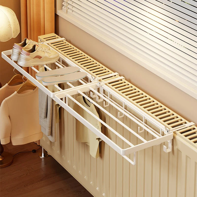 Radiator Drying Rack Foldable Space-Saving Shoe Shelf & Hooks