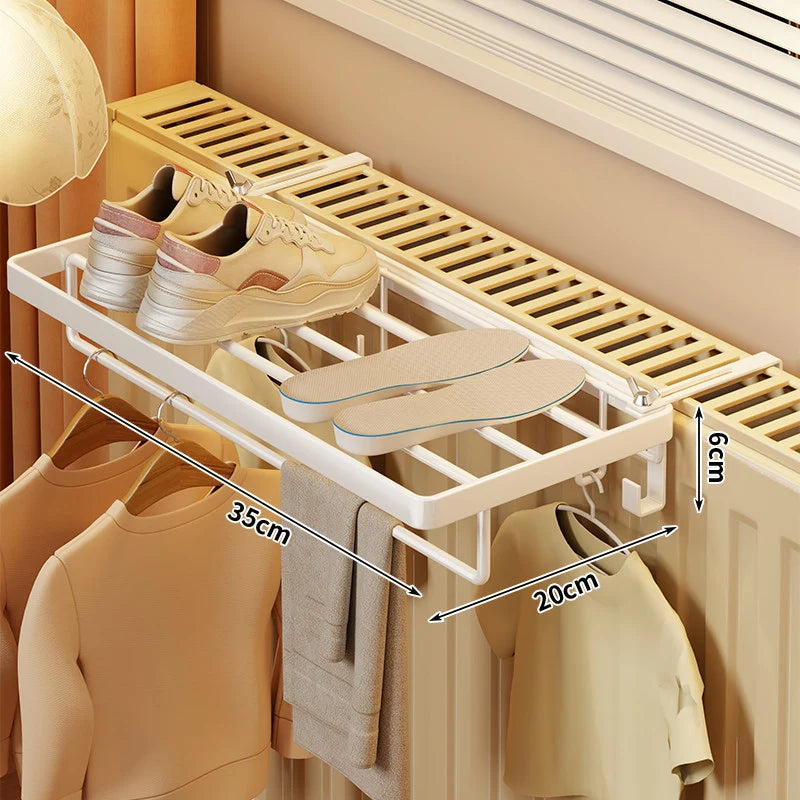 Radiator Drying Rack Foldable Space-Saving Shoe Shelf & Hooks