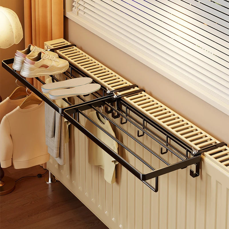 Radiator Drying Rack Foldable Space-Saving Shoe Shelf & Hooks