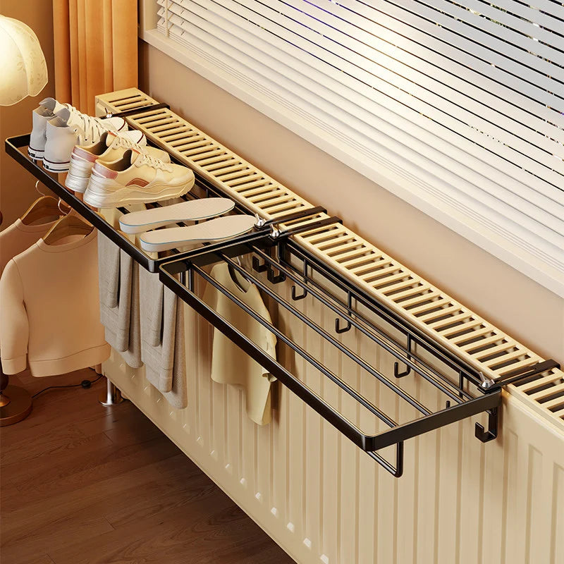 Radiator Drying Rack Foldable Space-Saving Shoe Shelf & Hooks