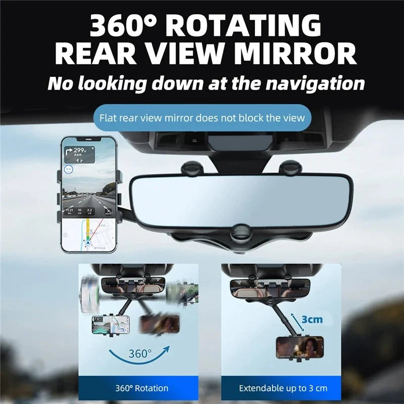 Rearview Mirror Phone Holder 360° Rotating Foldable Design