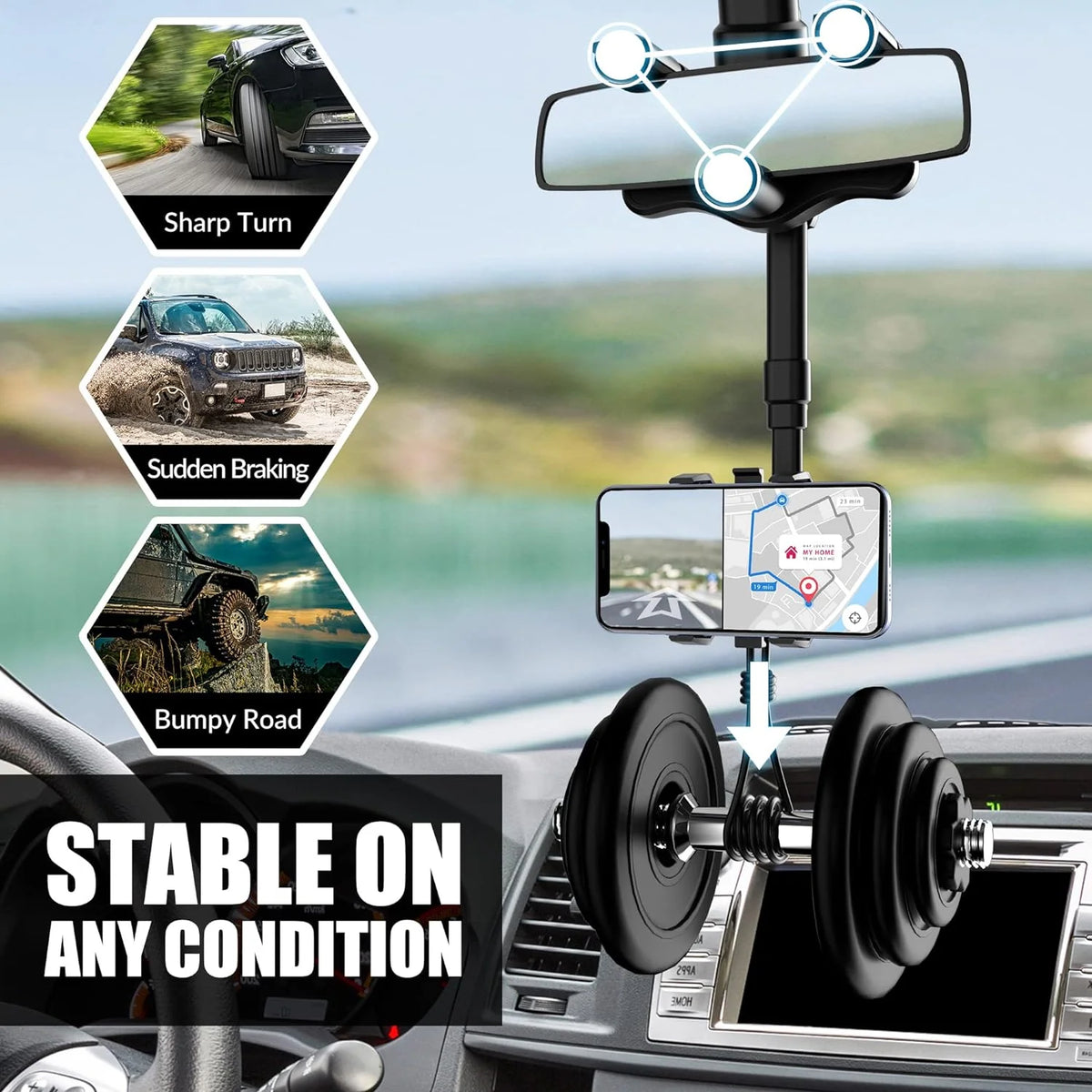 Rearview Mirror Phone Holder 360° Rotating Foldable Design