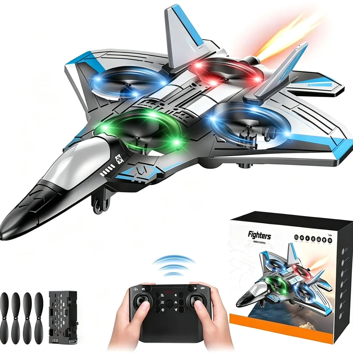 Remote Control Fighter Jet 360° Stunts LED Lights Shock-Resistant Plastic
