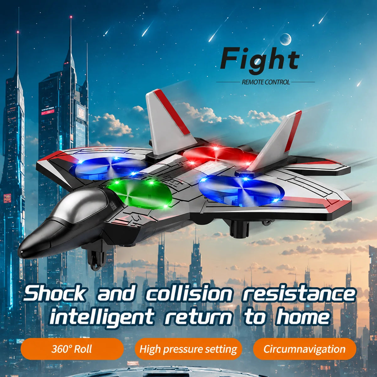 Remote Control Fighter Jet 360° Stunts LED Lights Shock-Resistant Plastic