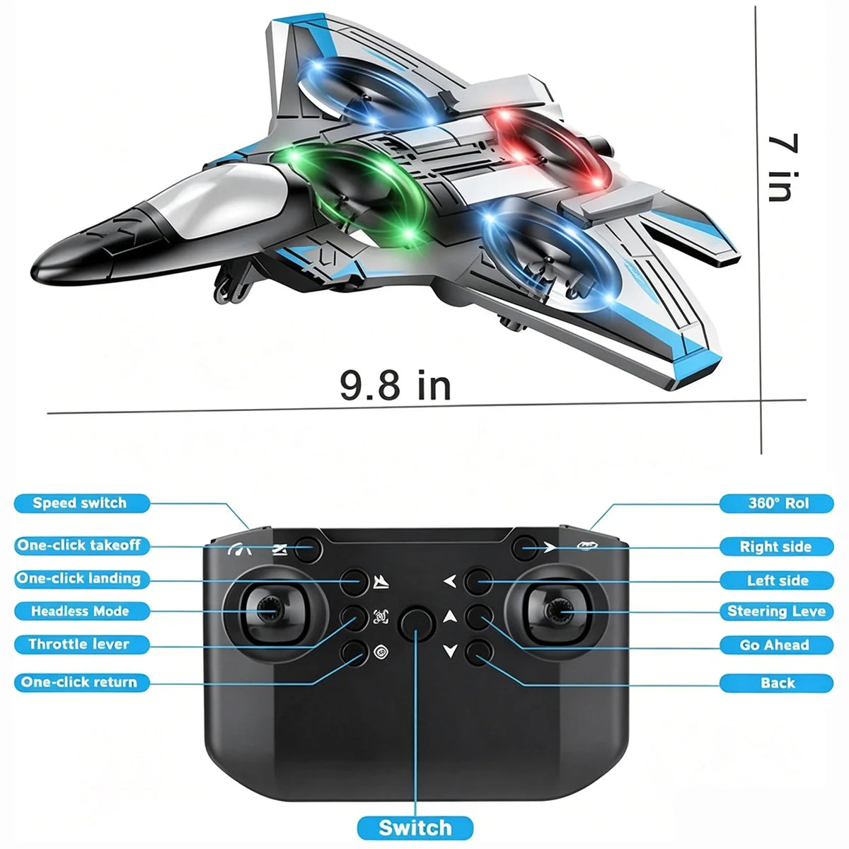 Remote Control Fighter Jet 360° Stunts LED Lights Shock-Resistant Plastic