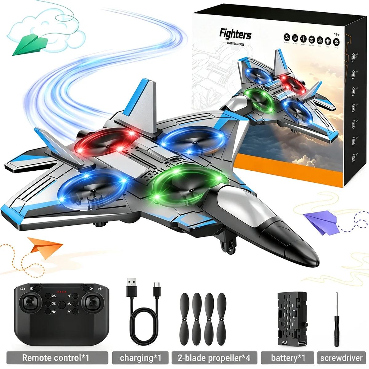 Remote Control Fighter Jet 360° Stunts LED Lights Shock-Resistant Plastic