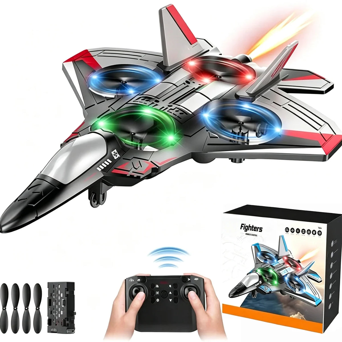 Remote Control Fighter Jet 360° Stunts LED Lights Shock-Resistant Plastic