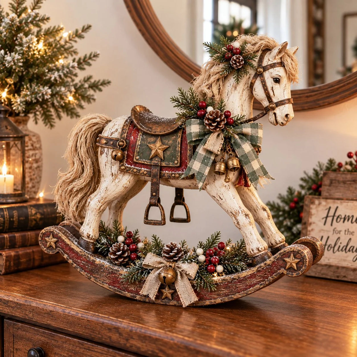 Rocking Horse Christmas Decoration Bells & Checked Ribbon