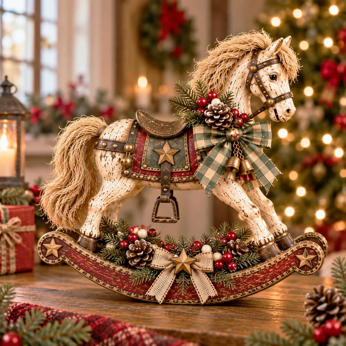 Rocking Horse Christmas Decoration Bells & Checked Ribbon