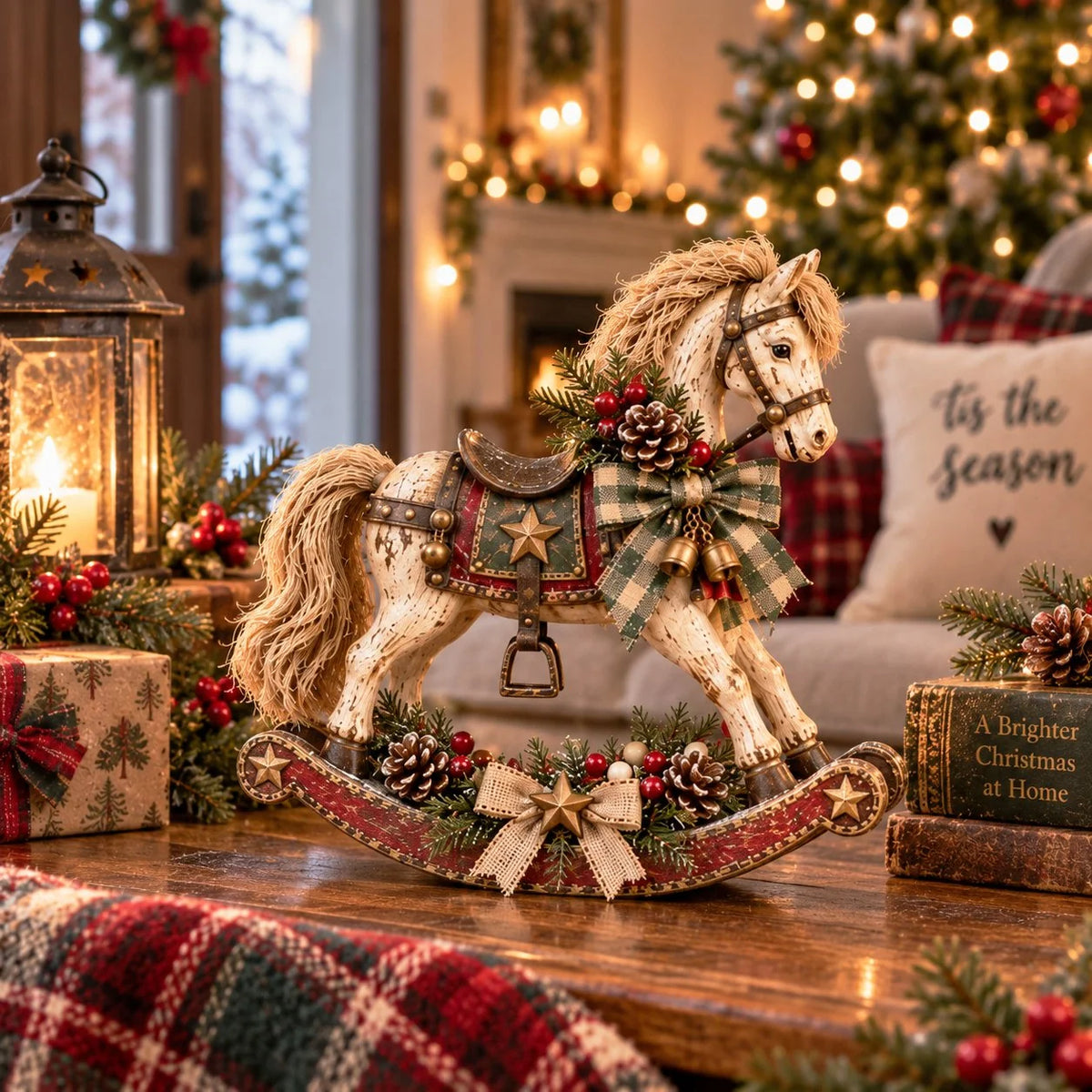 Rocking Horse Christmas Decoration Bells & Checked Ribbon
