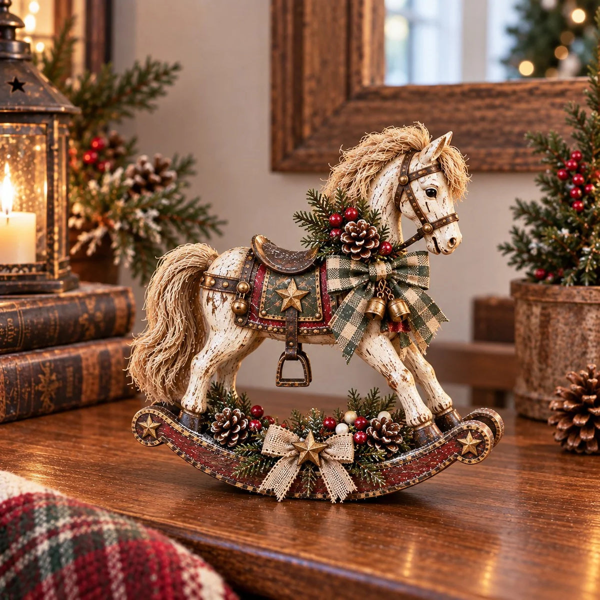 Rocking Horse Christmas Decoration Bells & Checked Ribbon