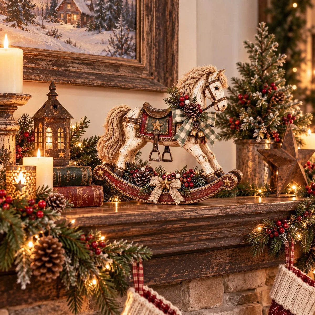 Rocking Horse Christmas Decoration Bells & Checked Ribbon