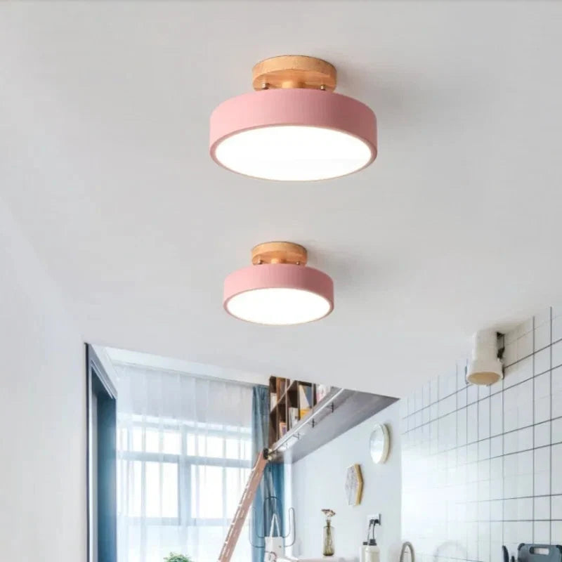 Round Ceiling Light Wood Base Selectable Color