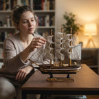 Sailing Ship Figurine Handcrafted Wood Battery-Powered LED
